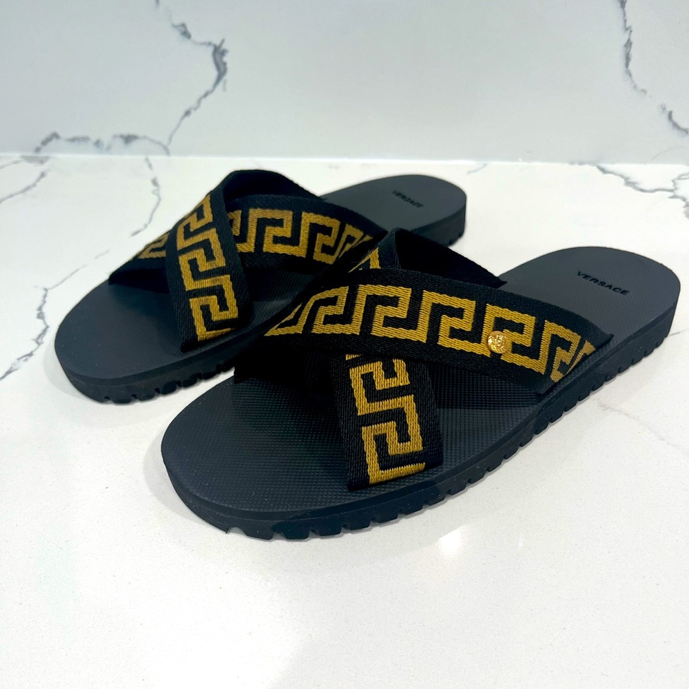 Versace Men’s Grecca Sandal - Size 44 (US 10) - Black & Gold